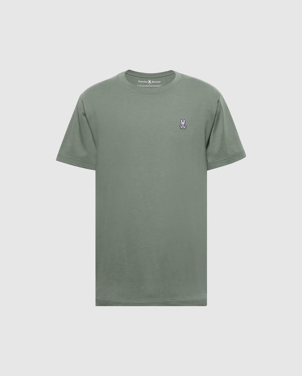The Psycho Bunny MENS CLASSIC CREW NECK TEE - B6U014B200 is a plain olive green shirt crafted from soft Pima cotton, showcasing a small embroidered rabbit logo on the left chest. This regular fit tee is presented against a light gray background.