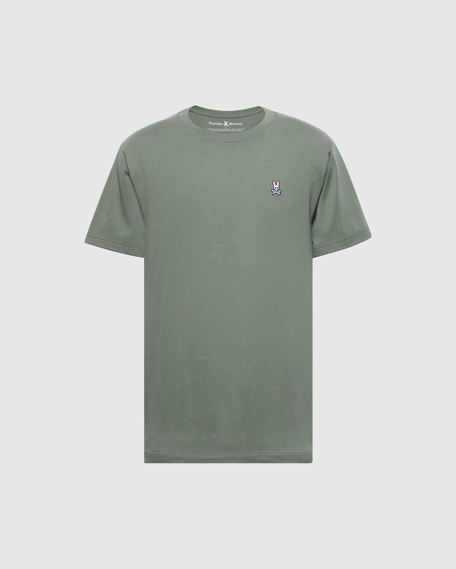 The Psycho Bunny MENS CLASSIC CREW NECK TEE - B6U014B200 is a plain olive green shirt crafted from soft Pima cotton, showcasing a small embroidered rabbit logo on the left chest. This regular fit tee is presented against a light gray background.