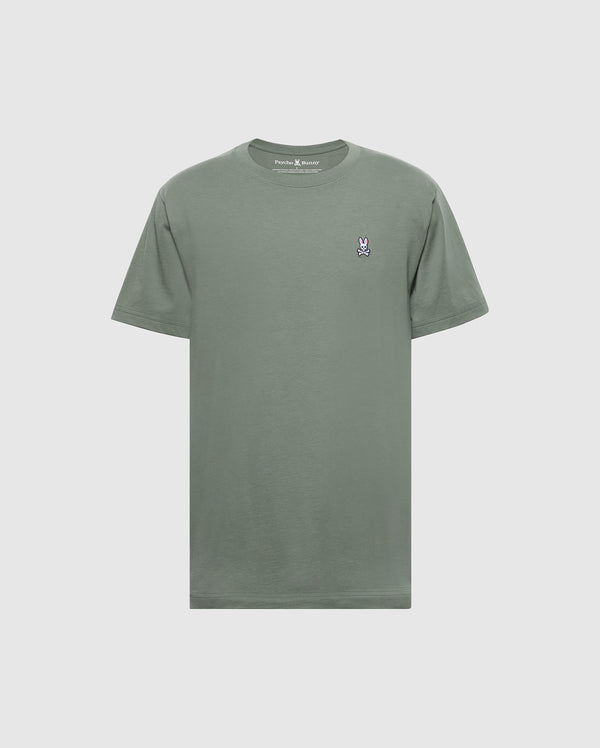 The Psycho Bunny MENS CLASSIC CREW NECK TEE - B6U014B200 is a plain olive green shirt crafted from soft Pima cotton, showcasing a small embroidered rabbit logo on the left chest. This regular fit tee is presented against a light gray background.