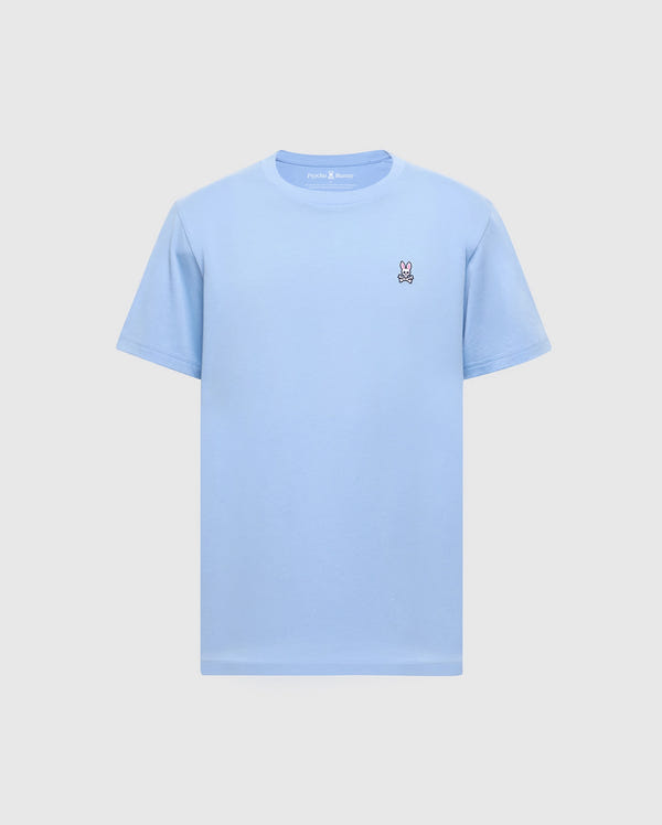 Psycho Bunny's vibrant light blue Men's Classic Crew Neck Tee (B6U014B200) features a small embroidered bunny silhouette on the left chest, crafted from soft Pima cotton against a plain background.