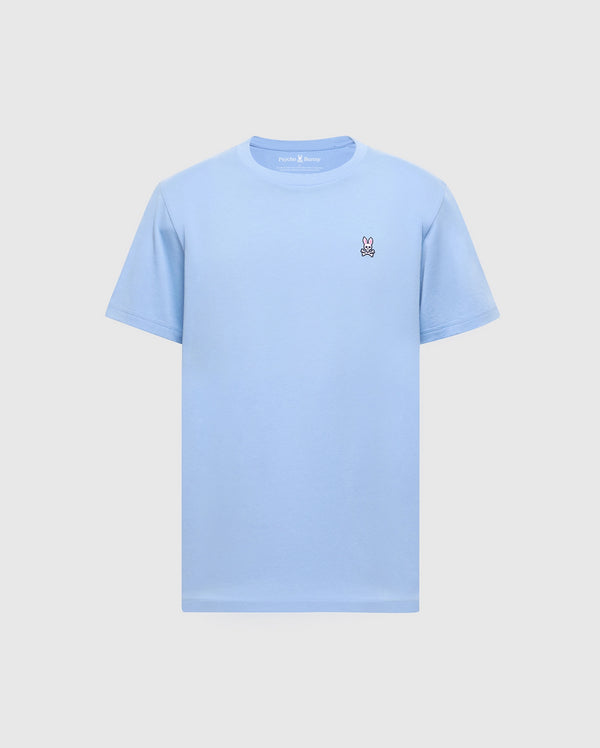 Psycho Bunny's vibrant light blue Men's Classic Crew Neck Tee (B6U014B200) features a small embroidered bunny silhouette on the left chest, crafted from soft Pima cotton against a plain background.