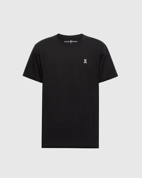 Discover the Psycho Bunny Men's Classic Crew Neck Tee - B6U014CRPC, a striking black shirt made from 100% Pima cotton. It features a subtle embroidered logo of a bunny wearing a bow tie on the left chest, creating an elegant contrast against its plain white background. Perfect for adding both comfort and style to your wardrobe essentials.