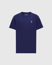 The Psycho Bunny MENS CLASSIC CREW NECK TEE - B6U014CRPC is a versatile navy blue tee with a small white logo on the chest against a plain white background, adding a durable touch to any wardrobe.