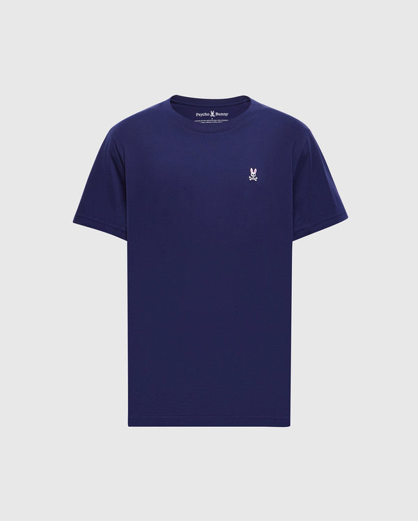 The Psycho Bunny MENS CLASSIC CREW NECK TEE - B6U014CRPC is a versatile navy blue tee with a small white logo on the chest against a plain white background, adding a durable touch to any wardrobe.