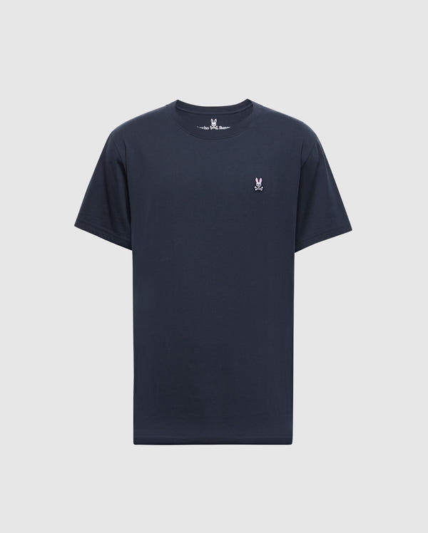 The Psycho Bunny Men's Classic Crew Neck Tee (B6U014CRPC) is a plain black T-shirt made from 100% Pima cotton. It features a small white embroidered rabbit logo on the left chest and has short sleeves, showcased on a white background for a timeless design.