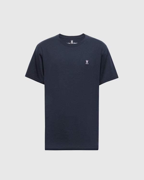 The Psycho Bunny Men's Classic Crew Neck Tee (B6U014CRPC) is a plain black T-shirt made from 100% Pima cotton. It features a small white embroidered rabbit logo on the left chest and has short sleeves, showcased on a white background for a timeless design.