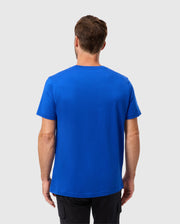 A man with short brown hair, seen from behind, is wearing the Psycho Bunny MENS CLASSIC CREW NECK TEE - B6U014CRPC in blue. This tee is crafted from soft Pima cotton and paired with black pants, set against a light grey background.