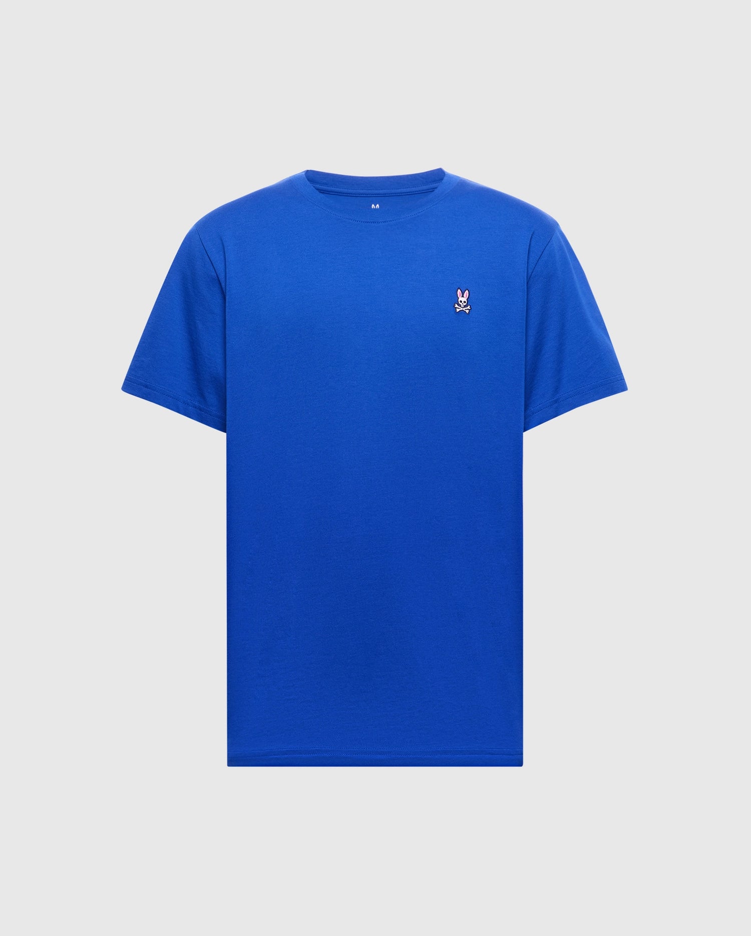 The Psycho Bunny MENS CLASSIC CREW NECK TEE - B6U014CRPC in rich blue features a small embroidered bunny logo on the left chest and offers a comfortable fit with its soft Pima cotton short sleeves.
