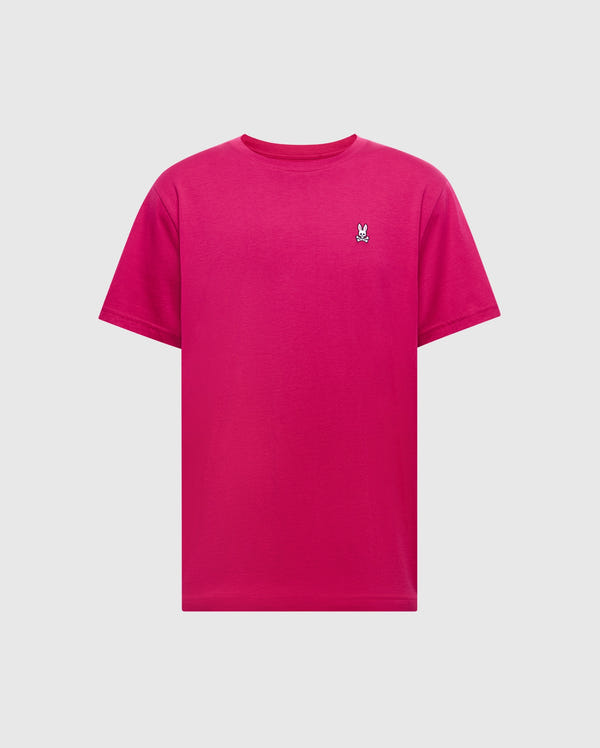 The Psycho Bunny Men's Classic Crew Neck Tee (B6U014CRPC) is a bright pink, soft Pima cotton tee with short sleeves and a small embroidered bunny logo on the left chest.