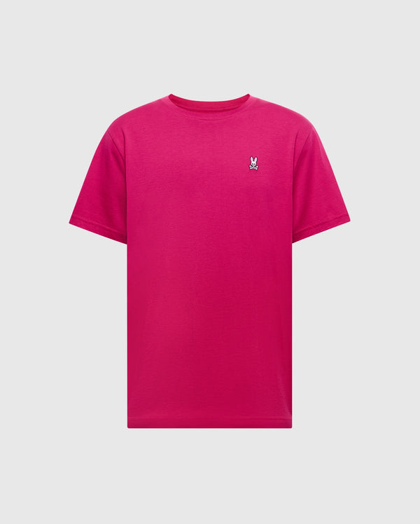 The Psycho Bunny Men's Classic Crew Neck Tee (B6U014CRPC) is a bright pink, soft Pima cotton tee with short sleeves and a small embroidered bunny logo on the left chest.