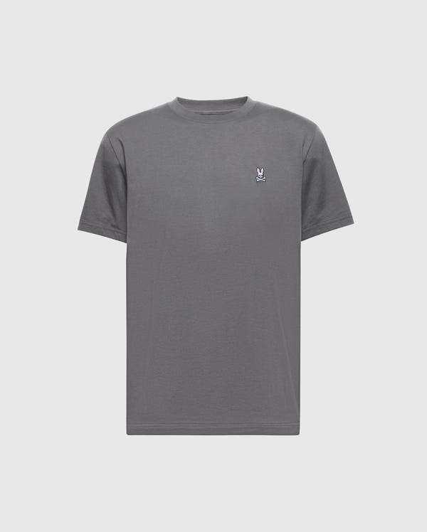 The Psycho Bunny MENS CLASSIC CREW NECK TEE - B6U014F200 is a gray pima cotton tee with short sleeves and an embroidered bunny logo on the left chest, shown against a white background.