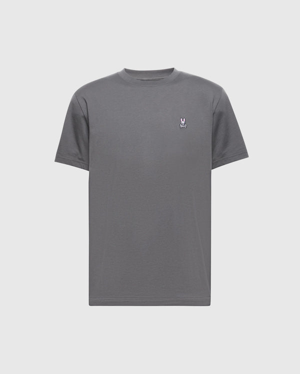 The Psycho Bunny MENS CLASSIC CREW NECK TEE - B6U014F200 is a gray pima cotton tee with short sleeves and an embroidered bunny logo on the left chest, shown against a white background.