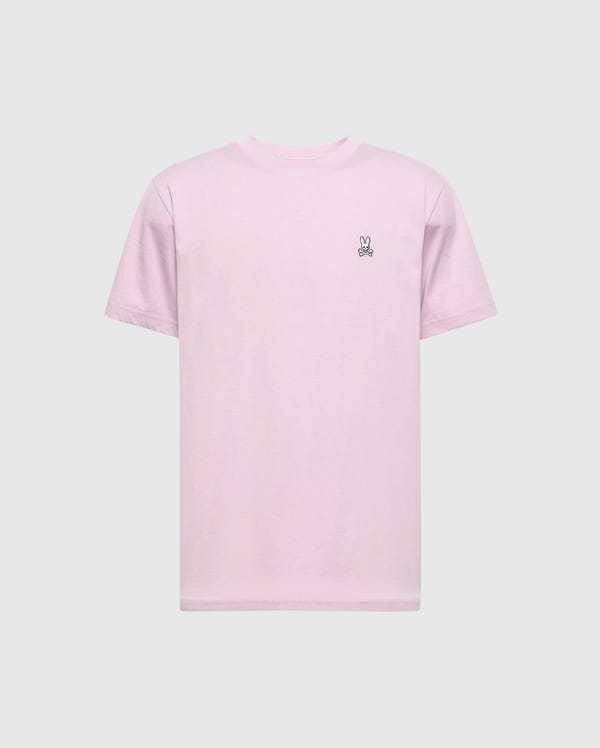 The Psycho Bunny Men's Classic Crew Neck Tee (B6U014F200) is light pink with short sleeves, made of soft pima cotton. It features an embroidered peace sign hand on the upper left side, offering a regular fit and displayed against a plain background.