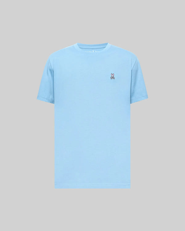 Mens Classic Crew Neck Tee in light blue, featuring a smooth jersey fabric and a classic fit, with a small embroidered Psycho Bunny skull logo on the left chest.