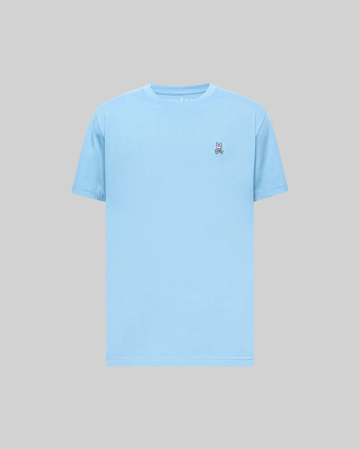Mens Classic Crew Neck Tee in light blue, featuring a smooth jersey fabric and a classic fit, with a small embroidered Psycho Bunny skull logo on the left chest.