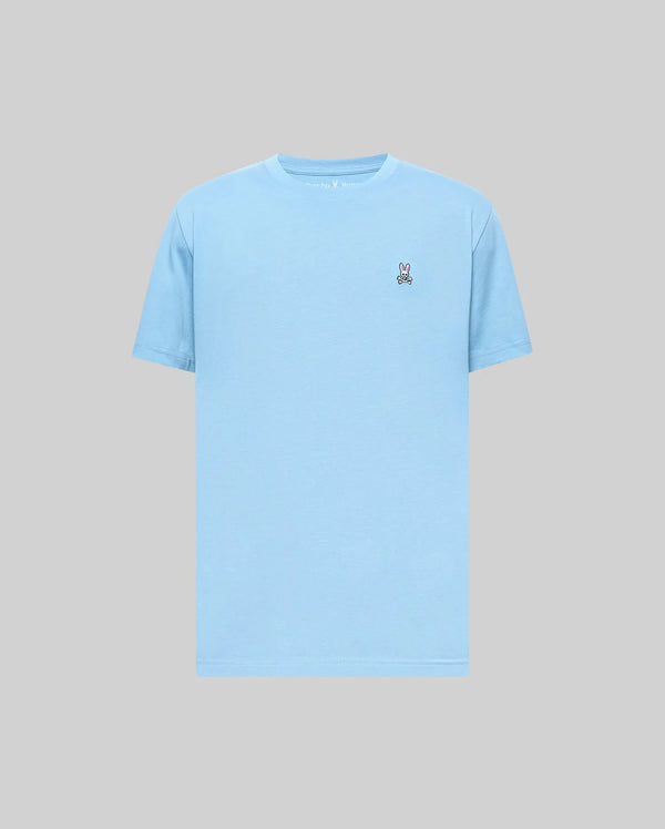 Mens Classic Crew Neck Tee in light blue, featuring a smooth jersey fabric and a classic fit, with a small embroidered Psycho Bunny skull logo on the left chest.