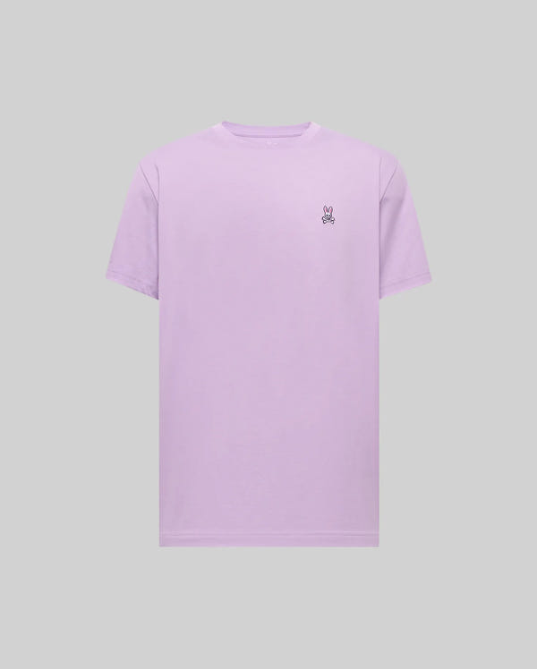 Mens Classic Crew Neck Tee in soft lavender jersey knit, featuring a comfortable classic fit and a small, intricately embroidered black, white, and pink Psycho Bunny skull logo on the left chest.