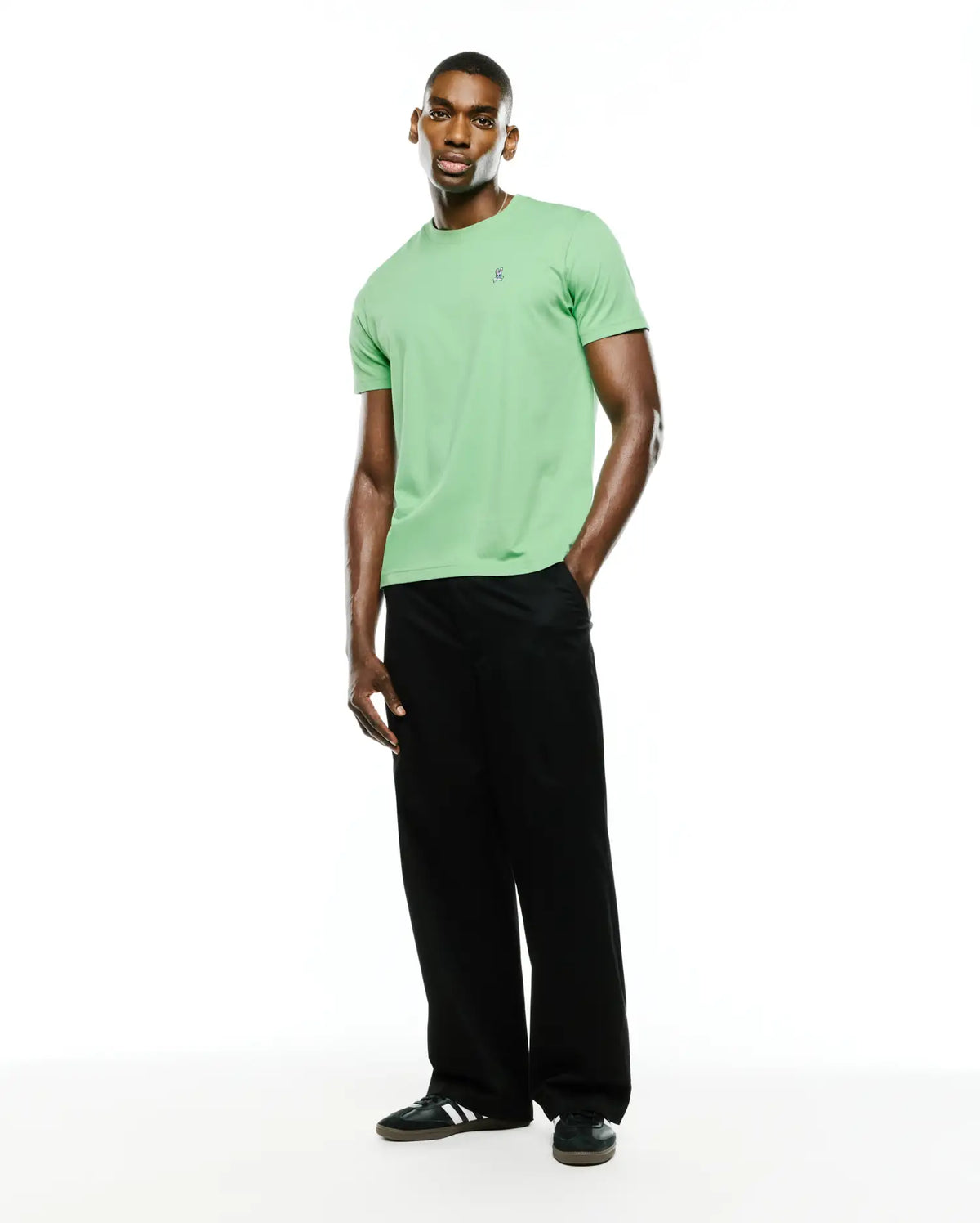 Men's Classic Pima Crew Neck Tee in light green, featuring a classic fit and smooth Pima cotton jersey fabric. A small, embroidered dark blue Psycho Bunny skull logo is on the left chest. (5)