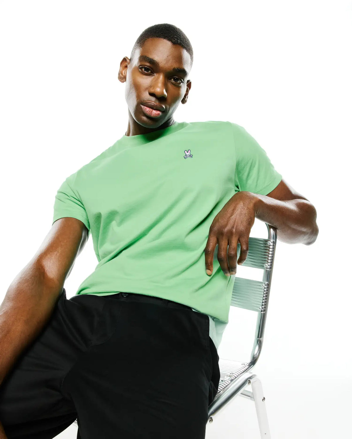 Men's Classic Pima Crew Neck Tee in a classic fit, featuring a smooth light green Pima cotton jersey fabric and a small embroidered Psycho Bunny skull logo on the left chest. (2)