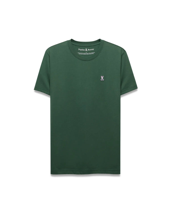 Dark green Mens Classic Crew Neck Tee, classic fit, smooth jersey knit. Features a small, embroidered pink, white, and black Psycho Bunny skull logo on the left chest.