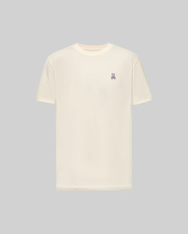 The Psycho Bunny MENS CLASSIC CREW NECK TEE (B6U014F200) is a soft pima cotton, off-white tee with a small purple embroidered bunny logo on the left chest, shown against a light gray background.
