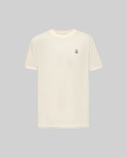 The Psycho Bunny MENS CLASSIC CREW NECK TEE (B6U014F200) is a soft pima cotton, off-white tee with a small purple embroidered bunny logo on the left chest, shown against a light gray background.