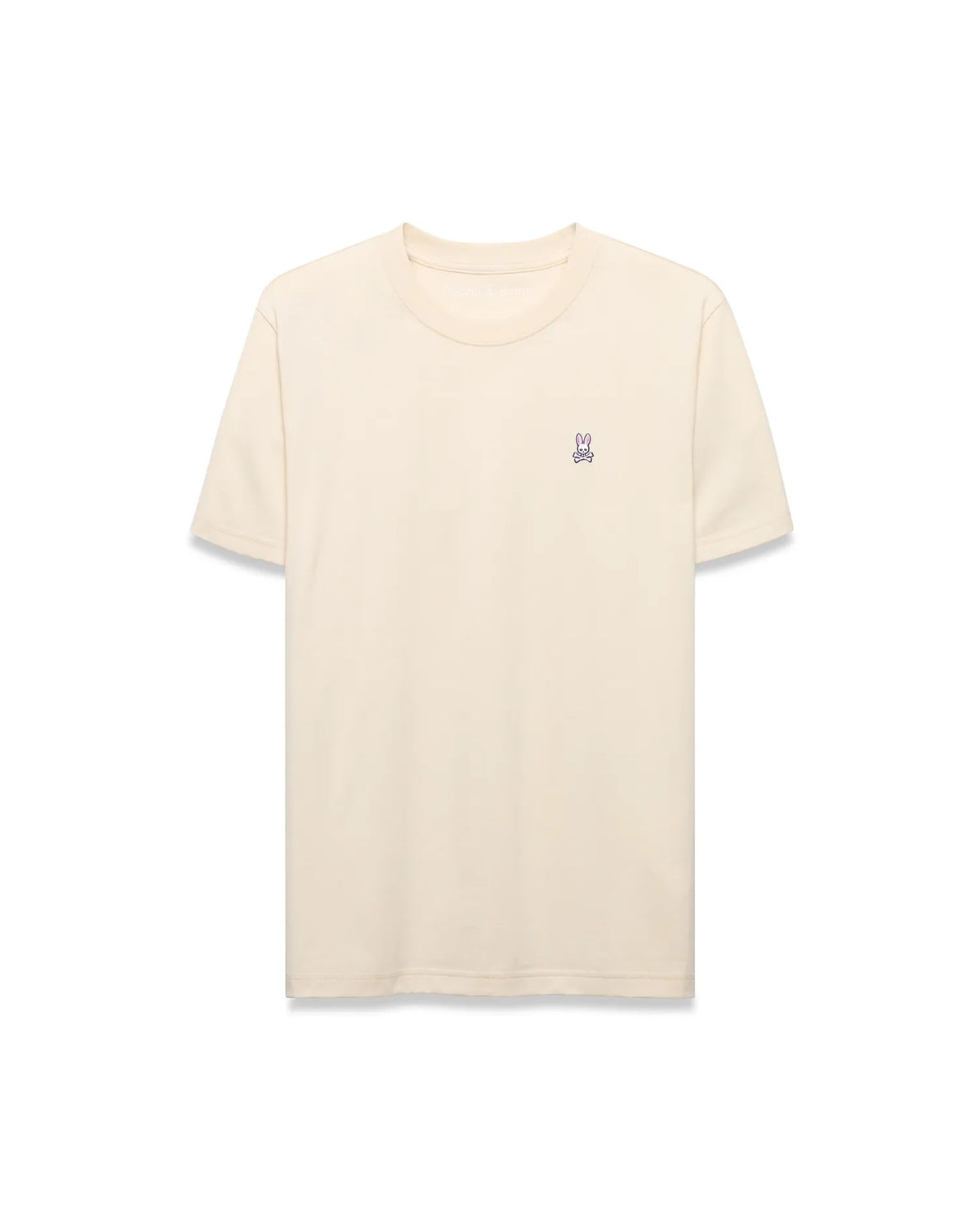 Mens Classic Crew Neck Tee in cream, featuring a classic fit and soft jersey fabric. Small embroidered purple and black Psycho Bunny skull logo on the left chest. (5)