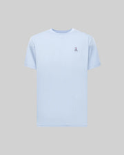 The Psycho Bunny MENS CLASSIC CREW NECK TEE - B6U014F200 is a light blue Pima cotton men's tee with a small embroidered peace sign on the left chest, shown on a gray background.