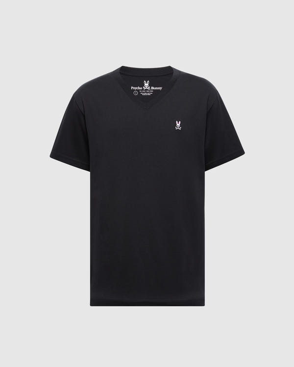 The MENS CLASSIC V NECK TEE in black, B6U100ARPC, by Psycho Bunny features a white embroidered logo on the left chest and is showcased against a plain white background.