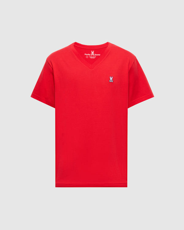 A bright red Psycho Bunny men's V-neck tee, 100% Pima cotton, featuring a blue and white embroidered logo on the left chest, shown on a light gray background. Product: MENS CLASSIC V NECK TEE - B6U100CRPC.