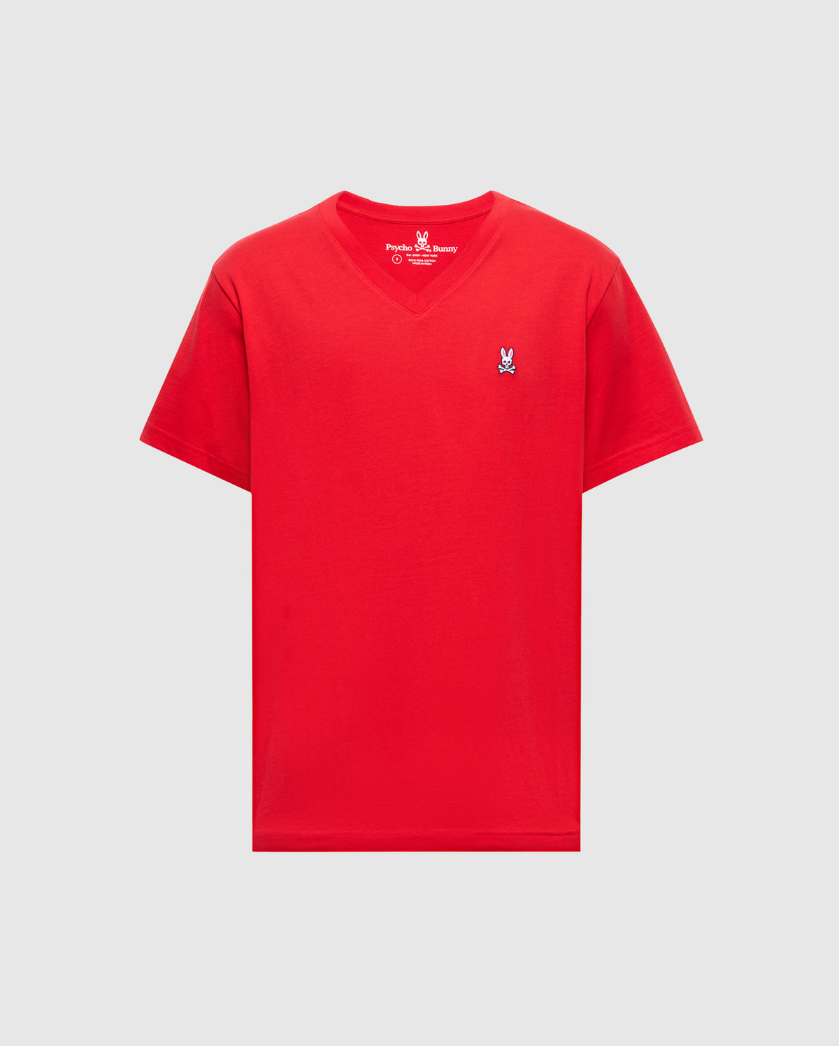 A bright red Psycho Bunny men's V-neck tee, 100% Pima cotton, featuring a blue and white embroidered logo on the left chest, shown on a light gray background. Product: MENS CLASSIC V NECK TEE - B6U100CRPC.