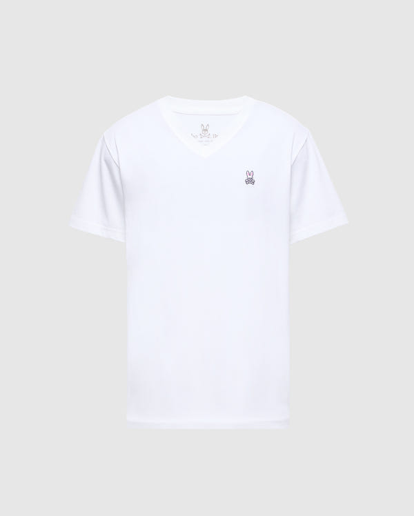 The Psycho Bunny Men's Classic V Neck Tee (B6U100ARPC) is made from 100% Pima cotton, featuring a small embroidered logo of a rabbit head on the left chest. This short-sleeved shirt offers a minimalist design on a plain background.
