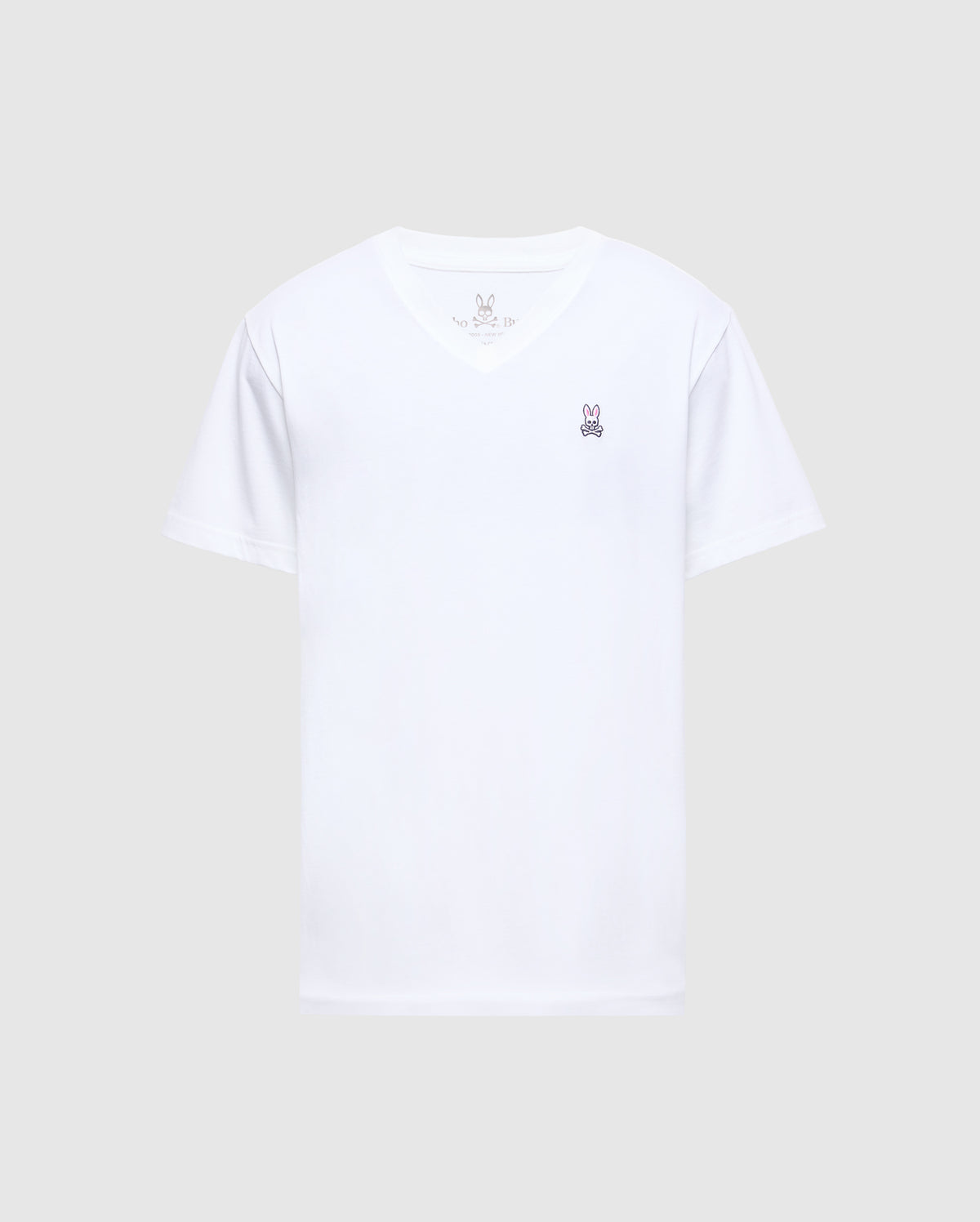 The Psycho Bunny Men's Classic V Neck Tee (B6U100ARPC) is made from 100% Pima cotton, featuring a small embroidered logo of a rabbit head on the left chest. This short-sleeved shirt offers a minimalist design on a plain background.
