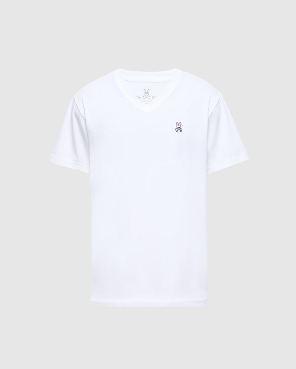 The Psycho Bunny Men's Classic V Neck Tee (B6U100ARPC) is made from 100% Pima cotton, featuring a small embroidered logo of a rabbit head on the left chest. This short-sleeved shirt offers a minimalist design on a plain background.