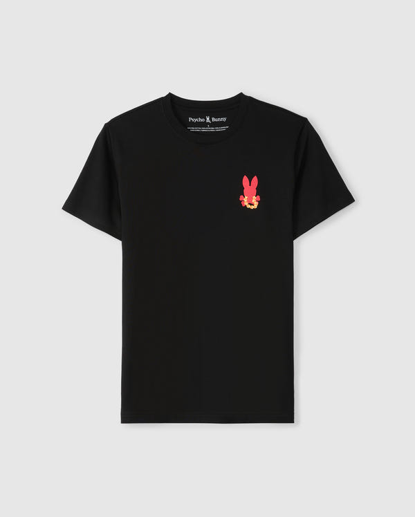 Introducing the Psycho Bunny Men's Hawaii City Tee in black, crafted from soft Pima cotton. This urban-edged T-shirt showcases a small pink bunny and yellow skull logo on the upper left chest against a plain backdrop.