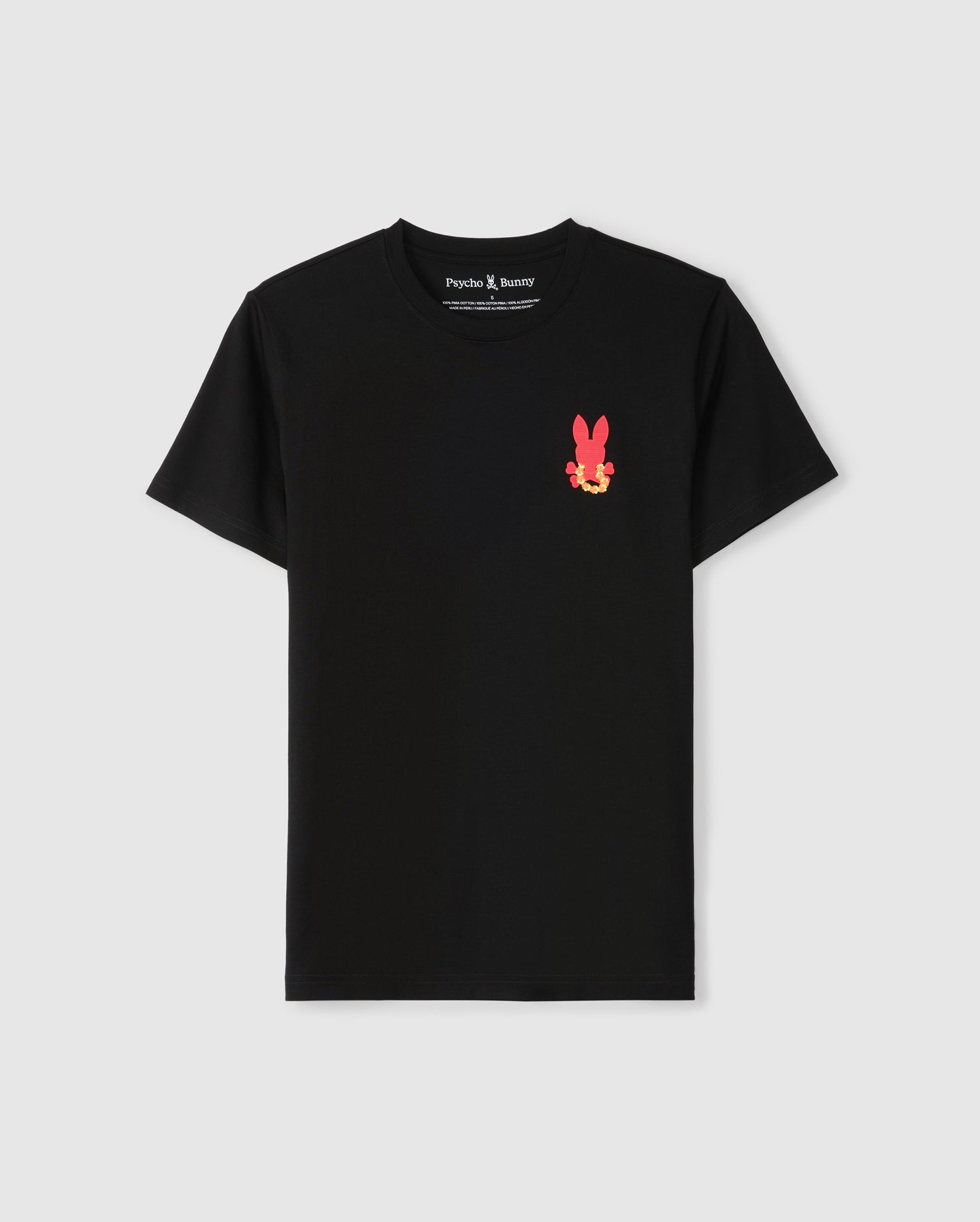 Introducing the Psycho Bunny Men's Hawaii City Tee in black, crafted from soft Pima cotton. This urban-edged T-shirt showcases a small pink bunny and yellow skull logo on the upper left chest against a plain backdrop.