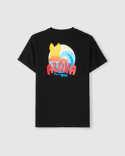 Back view of a black Psycho Bunny men's T-shirt, model B6U169Y1PC, crafted from Pima cotton. It features a vibrant design showcasing a yellow surfboard, a stylized wave, and "ALOHA" in bold red letters. Below the design is the phrase "Psychic Surfer Hawaii," making it the ultimate Hawaii tee for style and comfort.