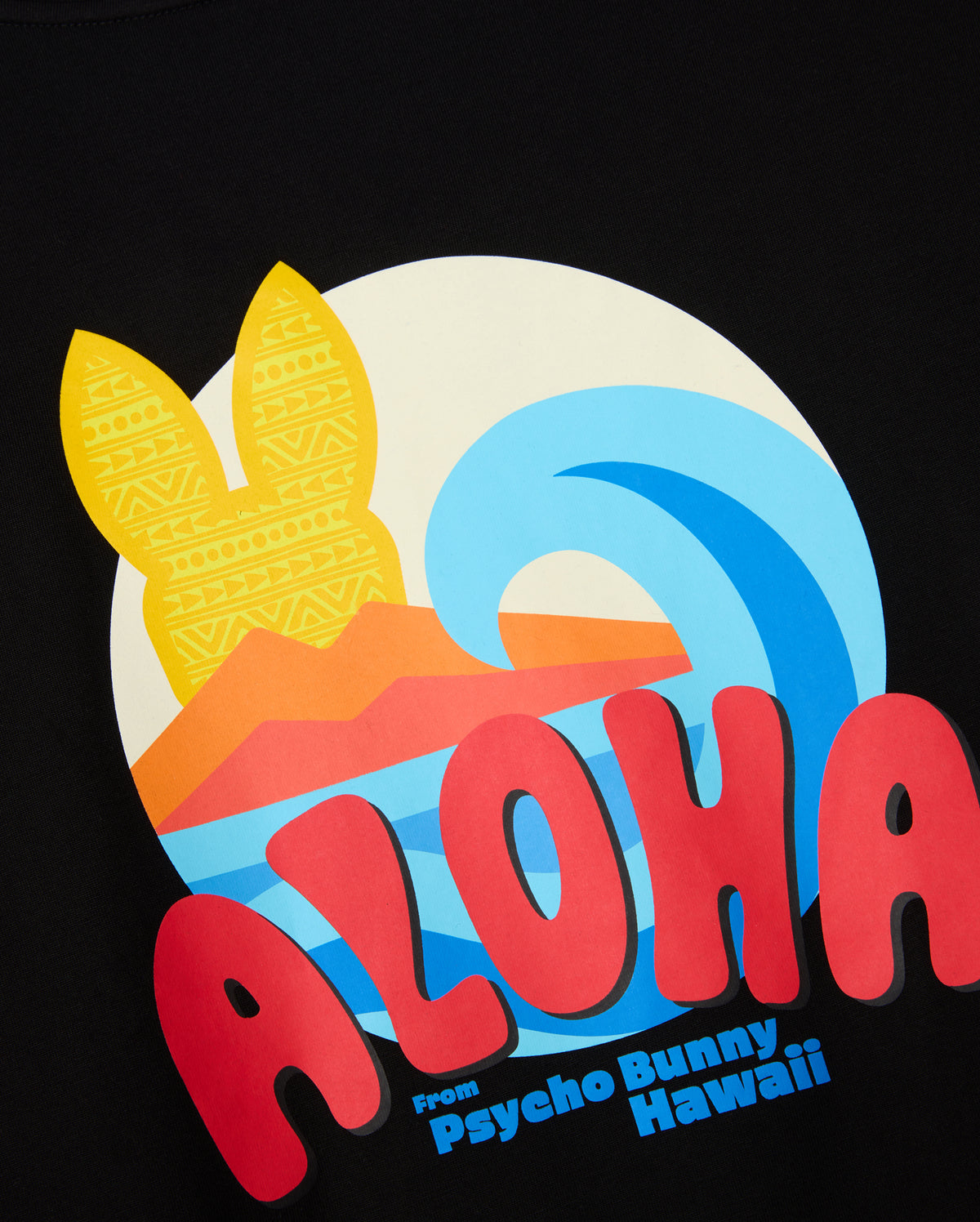The MENS HAWAII CITY TEE - B6U169Y1PC by Psycho Bunny showcases a vibrant graphic design on a black background, highlighting a yellow sun with bunny ears, a blue wave, and striking red "Aloha" text. Made from premium Pima cotton, this T-shirt also features "from Psycho Bunny Hawaii" at the bottom, making it an ideal addition to your Hawaii tee collection.