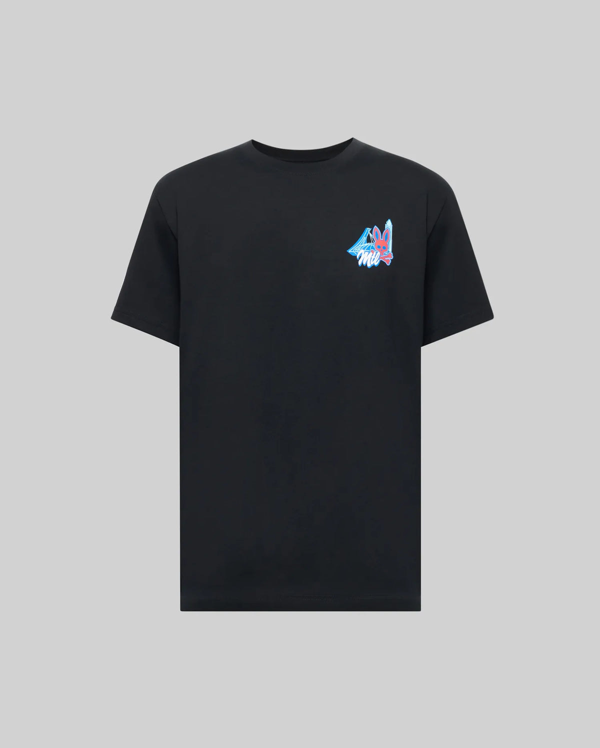 The Psycho Bunny MENS MONTREAL TEE (B6U381F200) is a plain black Pima cotton shirt with a small, colorful wolf head graphic and blue graffiti-style text on the left chest, shown against a light gray background.