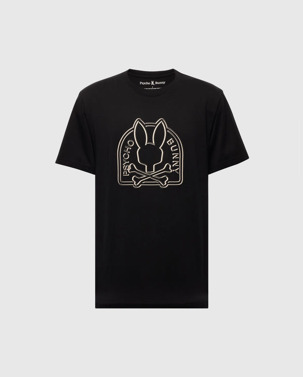 The Psycho Bunny MENS MELBOURNE GRAPHIC TEE - B6U410F200 in black features a Bunny graphic with crossbones and the "Psycho Bunny" text. Made from soft Peruvian Pima knit for comfort.