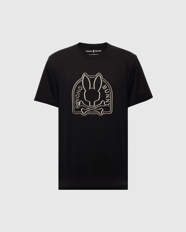 The Psycho Bunny MENS MELBOURNE GRAPHIC TEE - B6U410F200 in black features a Bunny graphic with crossbones and the "Psycho Bunny" text. Made from soft Peruvian Pima knit for comfort.