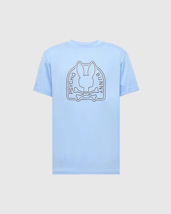 The Psycho Bunny MENS MELBOURNE GRAPHIC TEE - B6U410F200, in light blue, features a bold stylized bunny head with ears and crossbones graphic on the back. Made from Peruvian Pima cotton, it embodies a playful twist with "Psycho Bunny" text.