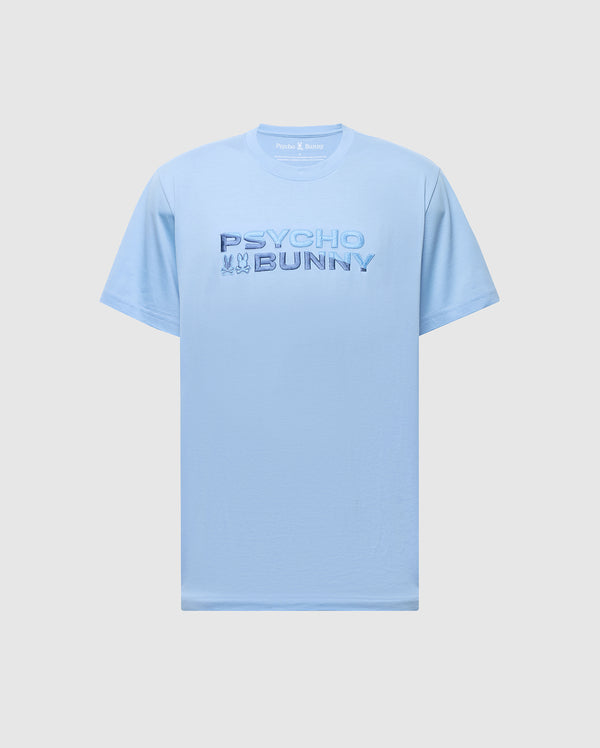 The men's Berni Embroidered Wordmark Graphic Tee by Psycho Bunny features "PSYCHO BUNNY" in subtle detail across a soft Pima cotton light blue chest, with an embroidered rabbit by the "P." This Made in Peru shirt has a plain white background.