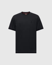 The Psycho Bunny MENS BRYCE PERFORMANCE TEE - B6U490F200, a black T-shirt, features a small emblem on the left chest. Crafted in Peru from Modal-Pima Cotton, it includes a red interior collar detail and simple cut sleeves and hem.