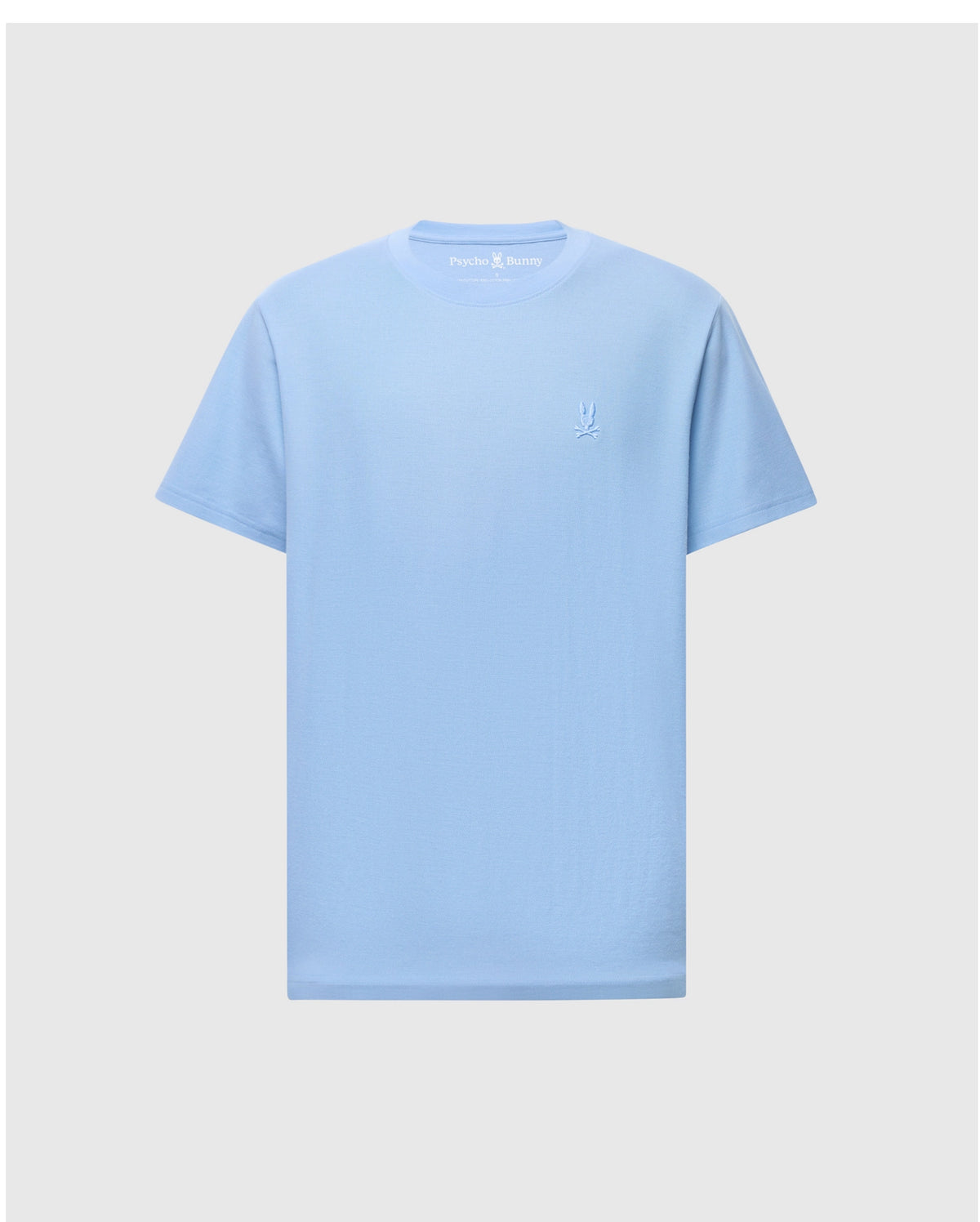 The MENS TAYLOR PIQUE TEE - B6U579F200 by Psycho Bunny is a light blue Pima cotton T-shirt featuring a small embroidered Bunny logo on the left chest, with a crew neckline and short sleeves, set against a plain gray background.