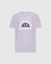 The MENS GOLDIE GRAPHIC TEE - B6U606F200 by Psycho Bunny is a lilac tee made from Peruvian Pima cotton, featuring "PSYCHO BUNNY" in bold white letters above a graphic with two stylized bunnies on a white dome.