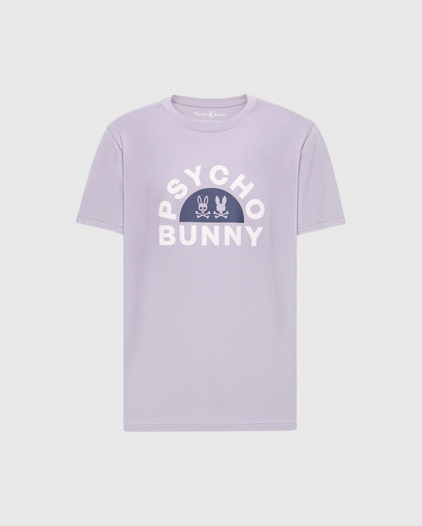 The MENS GOLDIE GRAPHIC TEE - B6U606F200 by Psycho Bunny is a lilac tee made from Peruvian Pima cotton, featuring "PSYCHO BUNNY" in bold white letters above a graphic with two stylized bunnies on a white dome.