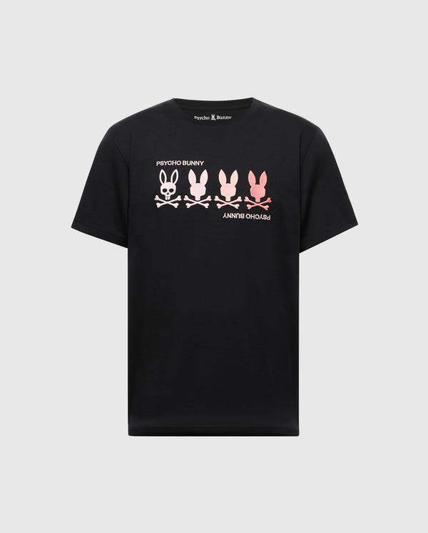 MENS OCEANIA EMBROIDERED GRAPHIC TEE by Psycho Bunny: Black Pima Cotton with five bunny skulls transitioning from white to pink, complemented by "Psycho Bunny" text in retro style and an embroidered Bunny graphic.