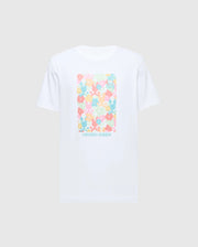 The MENS LEMMON GRAPHIC TEE—B6U655F200 by Psycho Bunny is a white Pima cotton shirt with an abstract floral bunny graphic in pastel pink, orange, blue, and green. "Psycho Bunny" is inscribed at the bottom, combining artistic flair with all-day comfort.