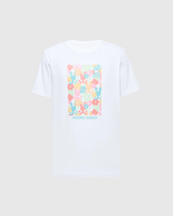 The MENS LEMMON GRAPHIC TEE—B6U655F200 by Psycho Bunny is a white Pima cotton shirt with an abstract floral bunny graphic in pastel pink, orange, blue, and green. "Psycho Bunny" is inscribed at the bottom, combining artistic flair with all-day comfort.